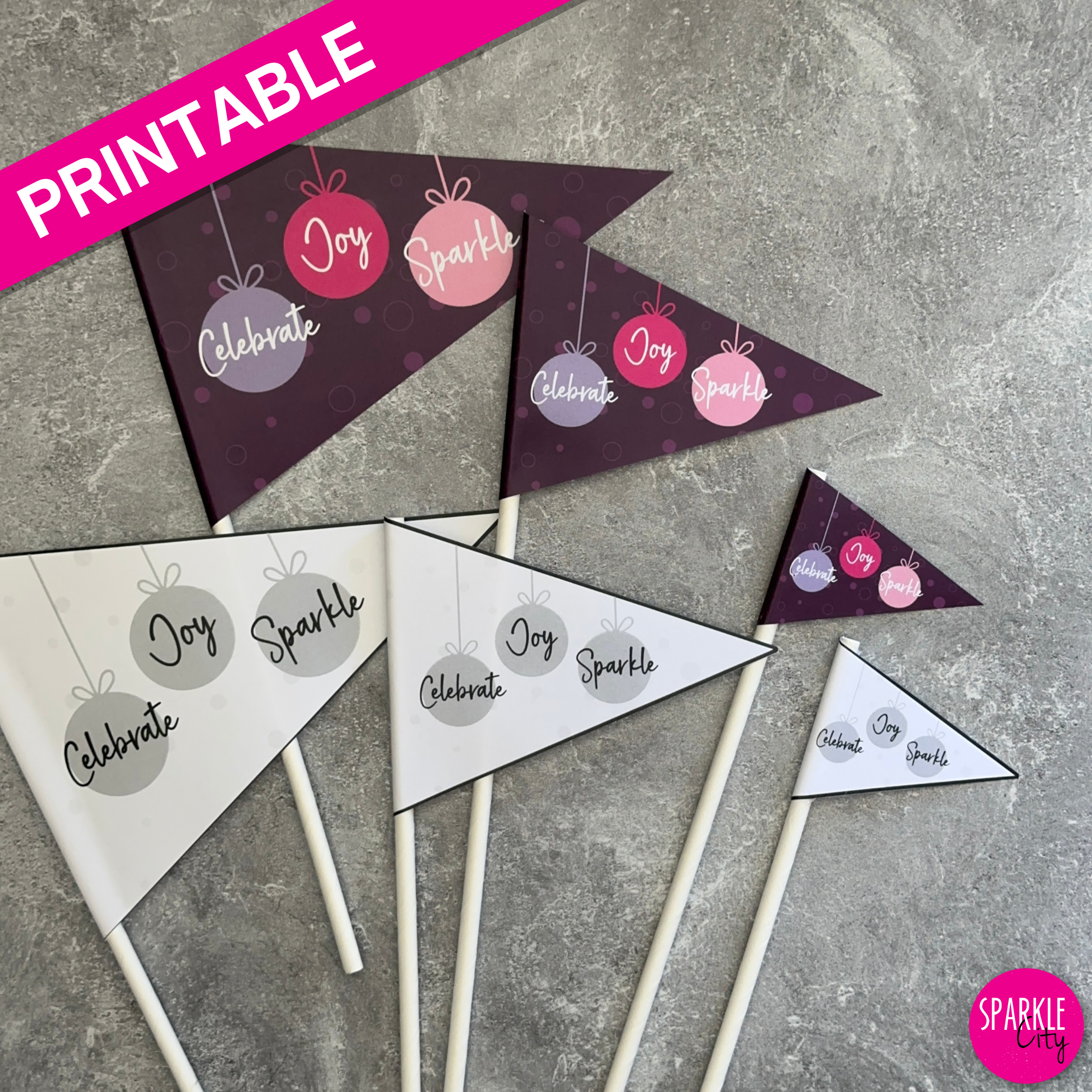 Winter Wishes Printables - Pennants - Celebrate Joy Sparkle Ornaments