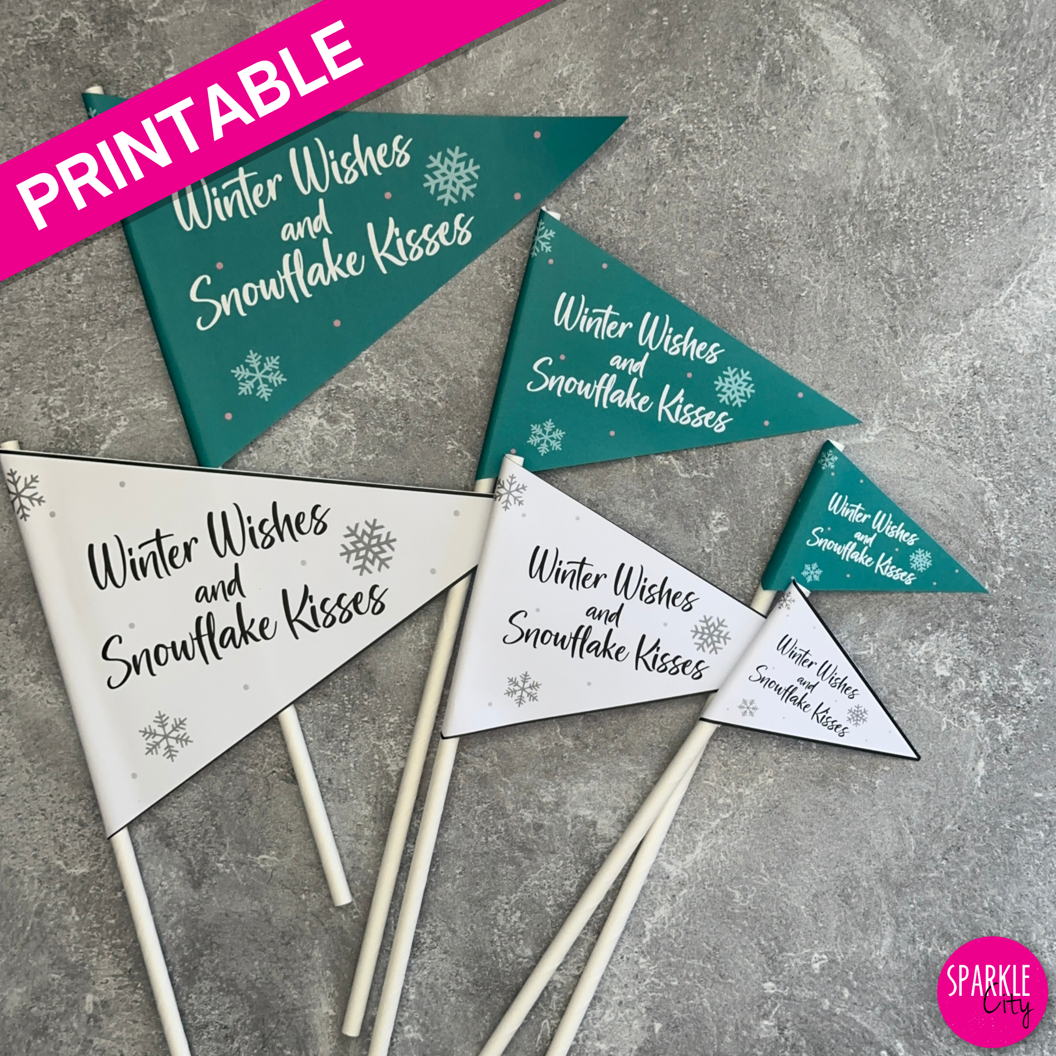 Winter Wishes Printables - Pennants - Winter Wishes and Snowflake Kisses