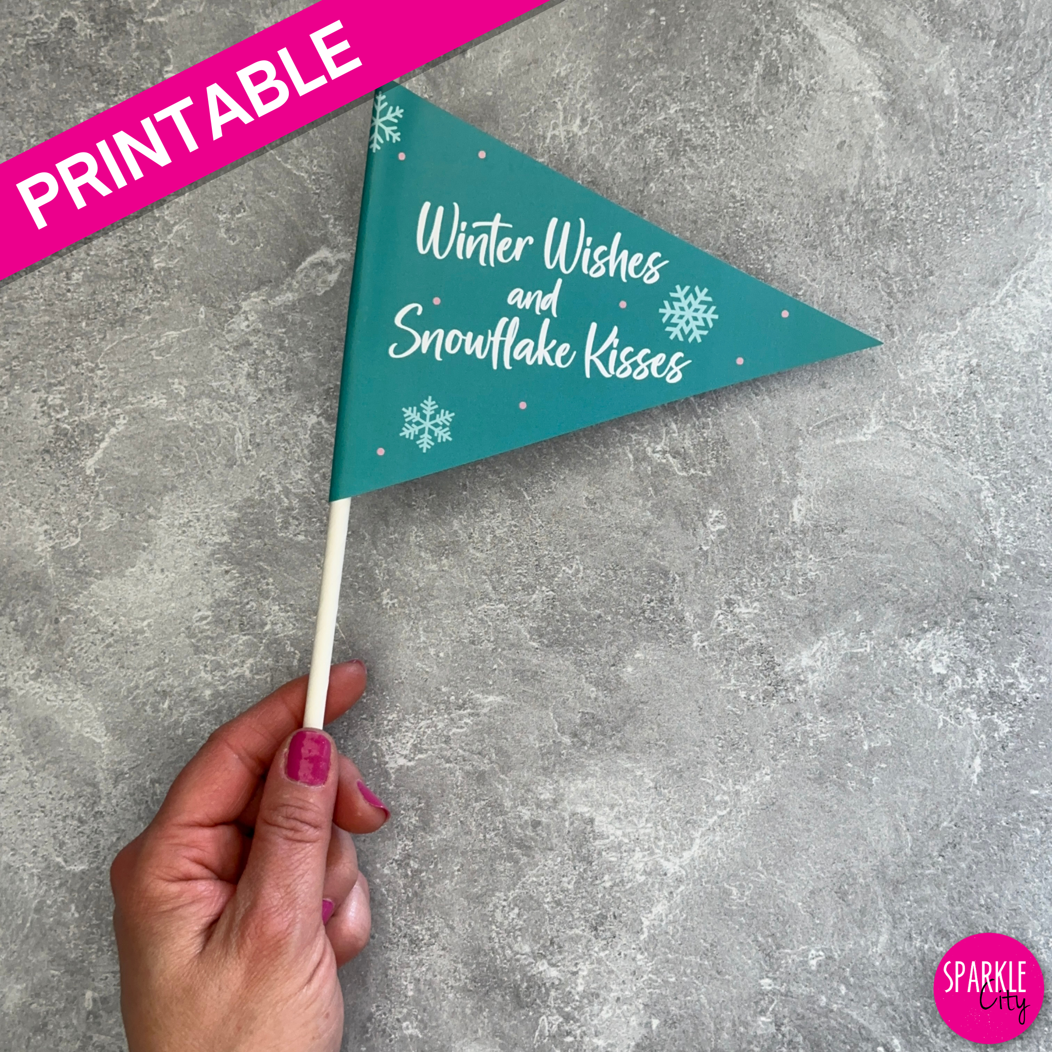 Winter Wishes Printables - Pennants - Winter Wishes and Snowflake Kisses