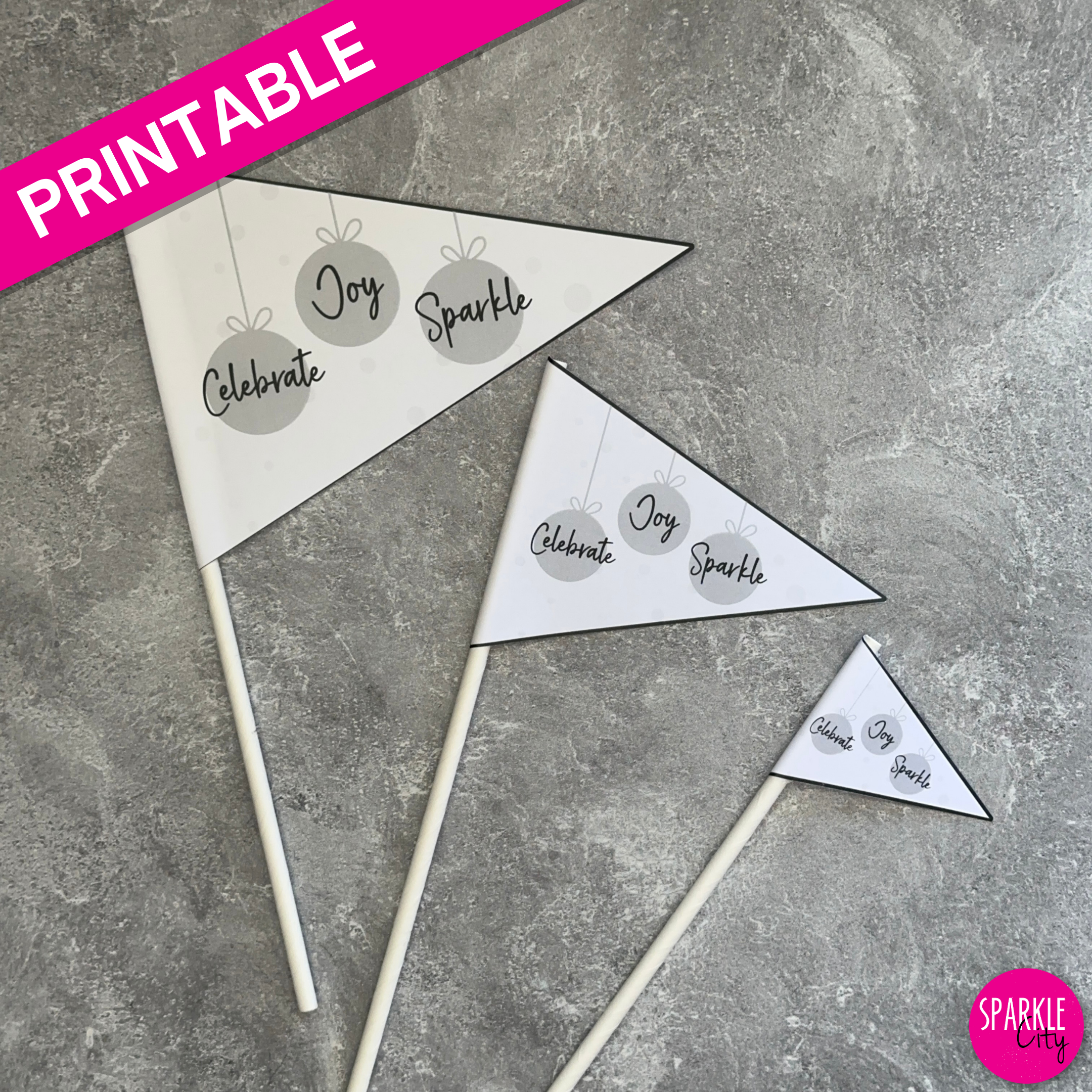 Winter Wishes Printables - Pennants - Celebrate Joy Sparkle Ornaments