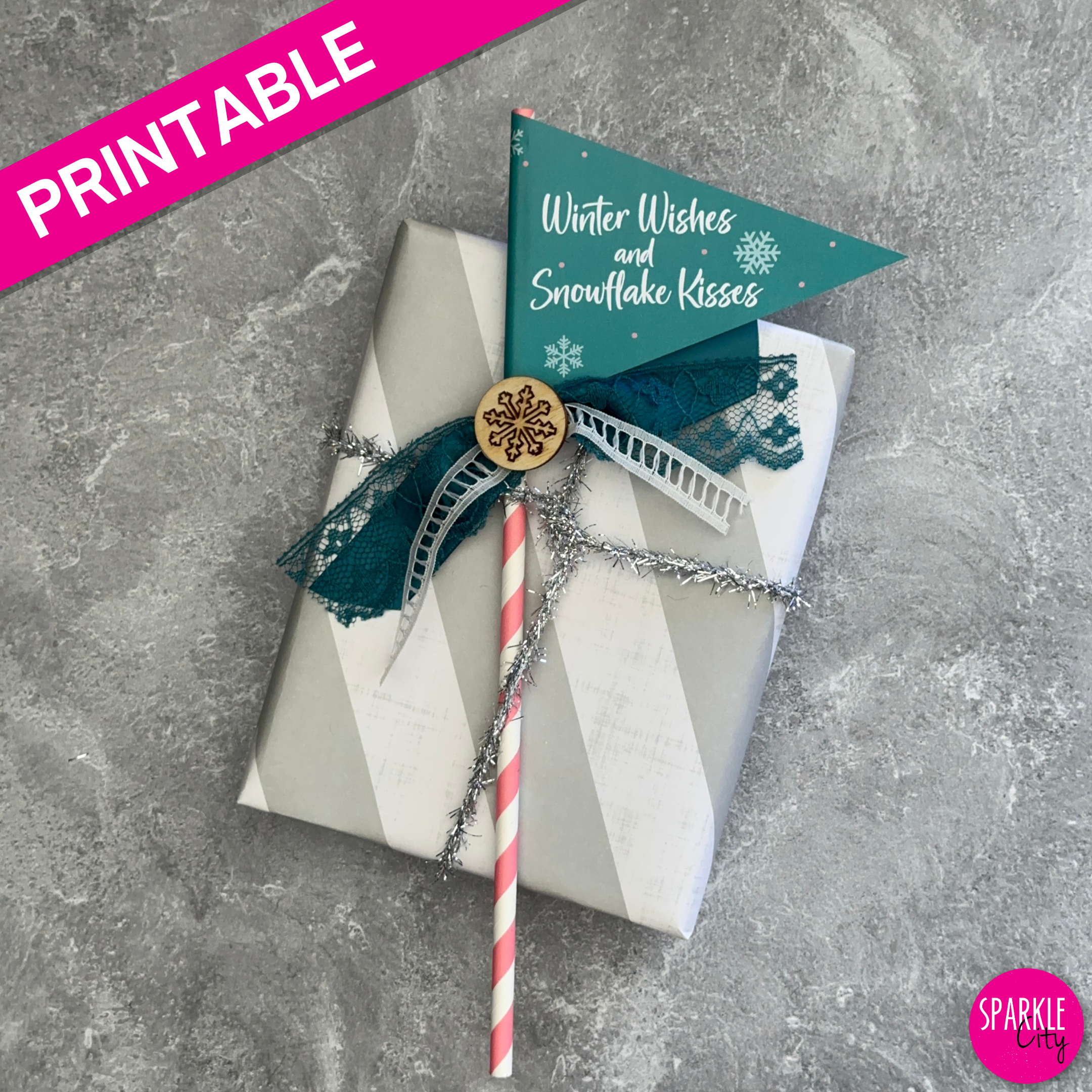 Winter Wishes Printables - Pennants - Winter Wishes and Snowflake Kisses