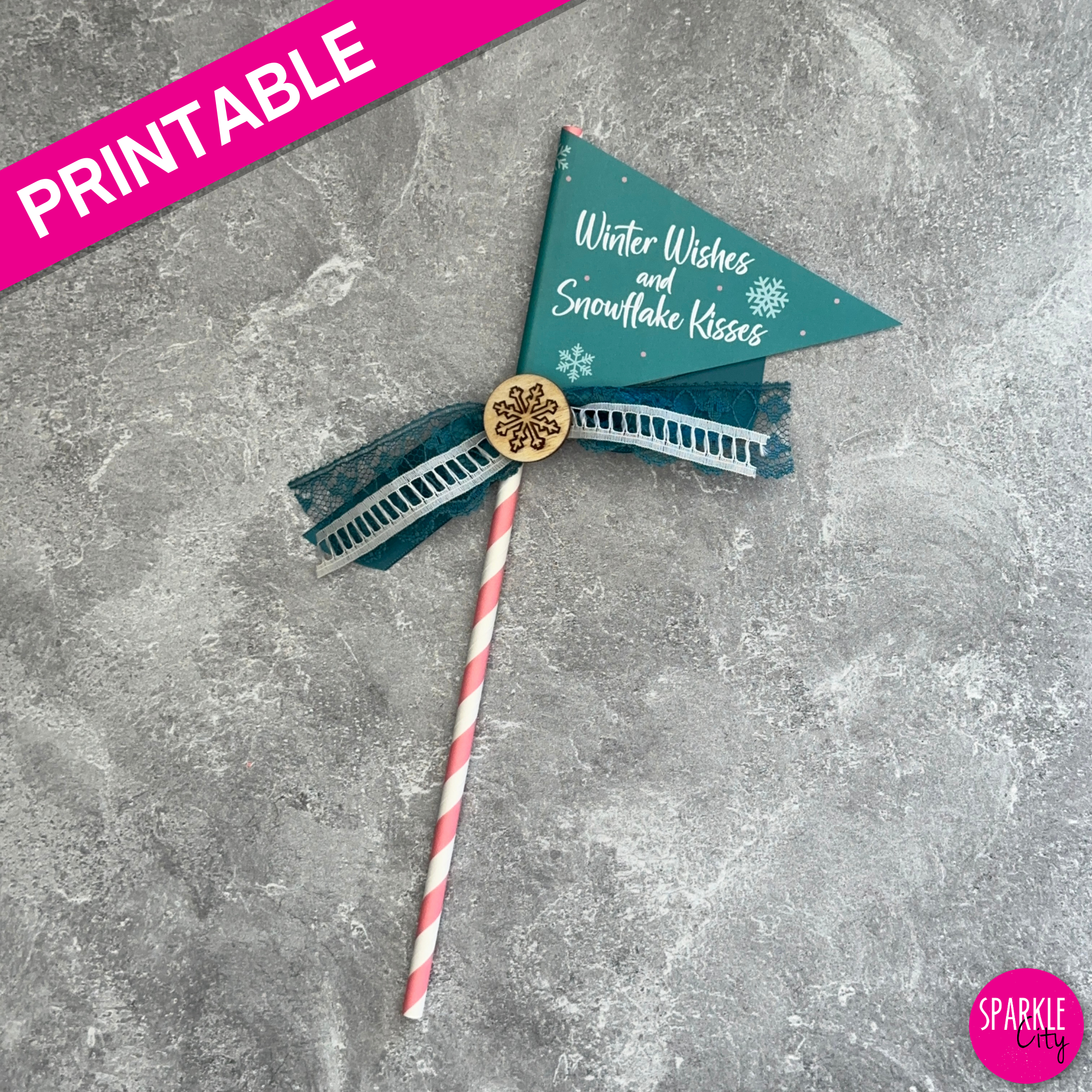 Winter Wishes Printables - Pennants - Winter Wishes and Snowflake Kisses