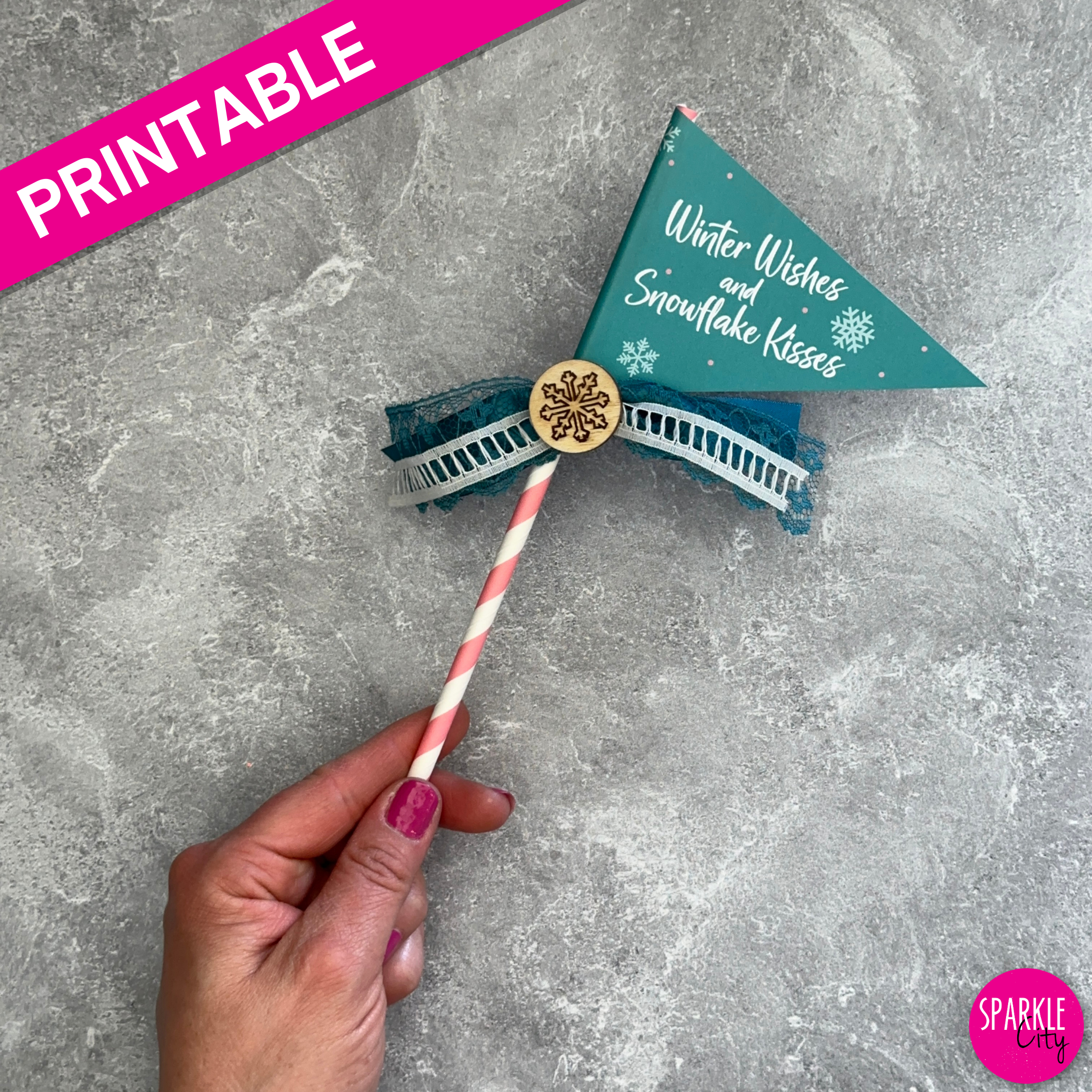 Winter Wishes Printables - Pennants - Winter Wishes and Snowflake Kisses