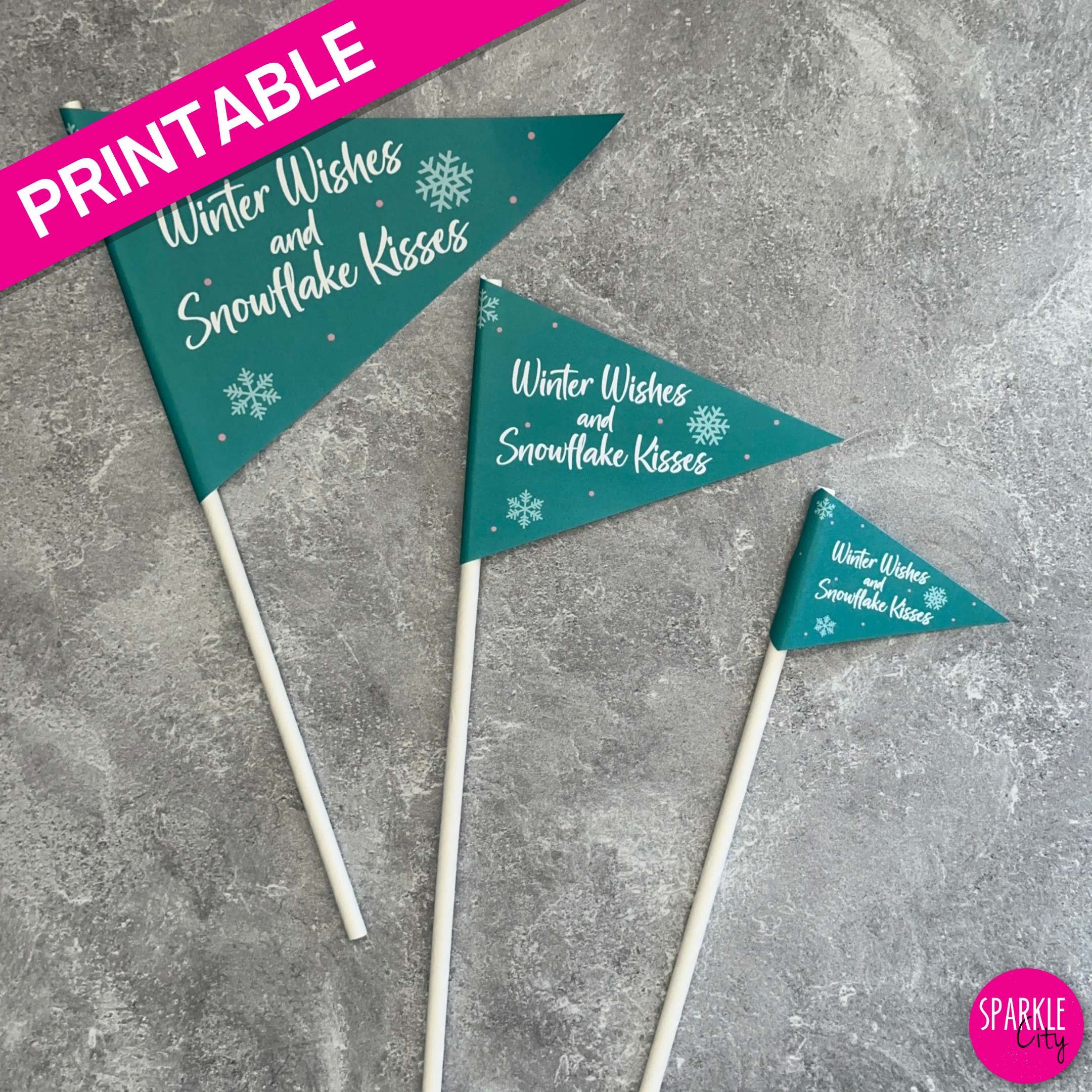 Winter Wishes Printables - Pennants - Winter Wishes and Snowflake Kisses