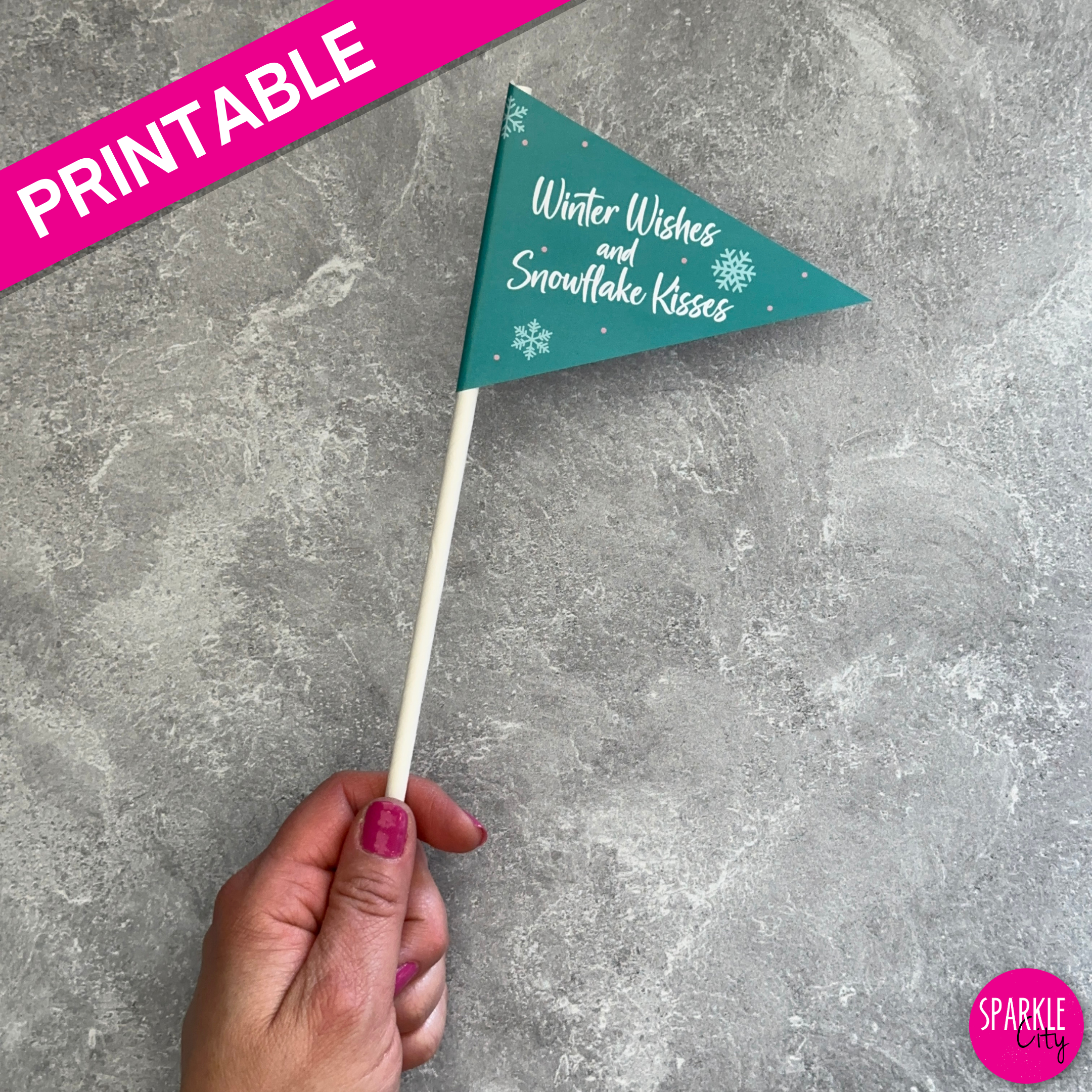 Winter Wishes Printables - Pennants - Winter Wishes and Snowflake Kisses