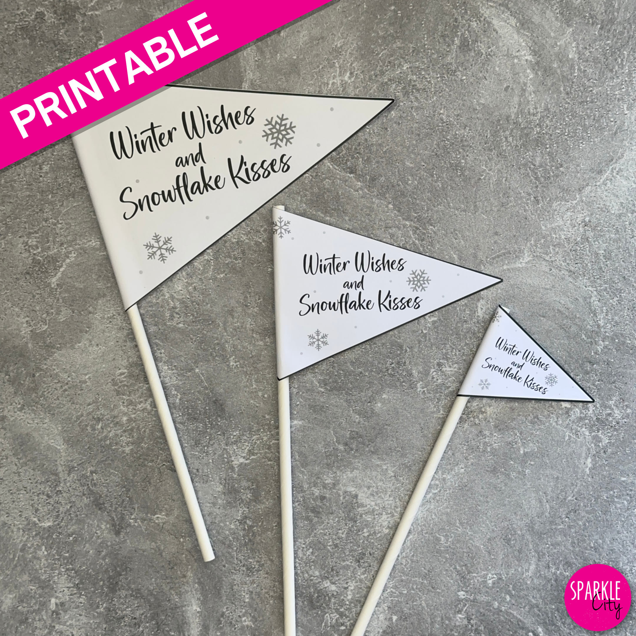 Winter Wishes Printables - Pennants - Winter Wishes and Snowflake Kisses