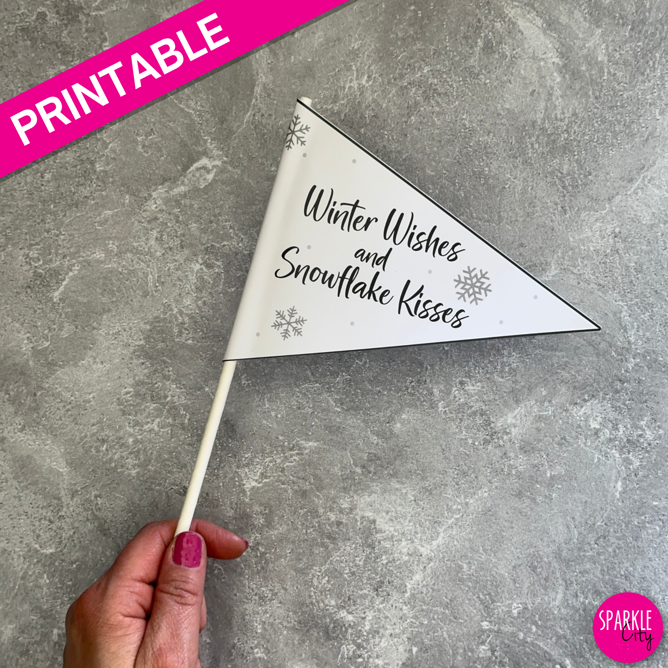 Winter Wishes Printables - Pennants - Winter Wishes and Snowflake Kisses