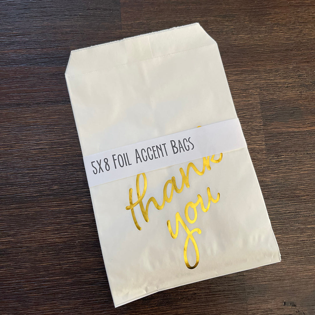 Foil Accent Bags - Thank You - Gold - 5"x8" White Merchandise Bags