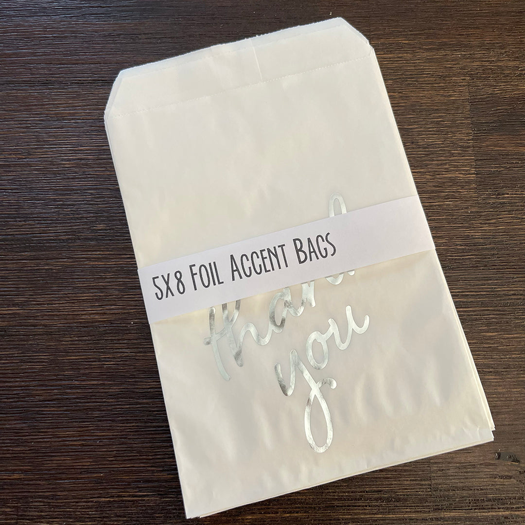 Foil Accent Bags - Thank You - Silver - 5"x8" White Merchandise Bags