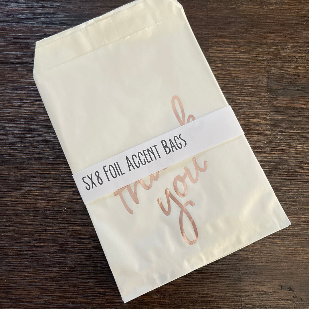 Foil Accent Bags - Thank You - Rose Gold - 5"x8" White Merchandise Bags