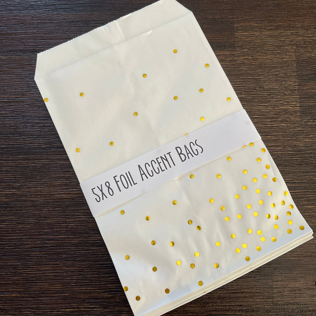 Foil Accent Bags - Confetti Dots - Gold - 5"x8" White Merchandise Bags