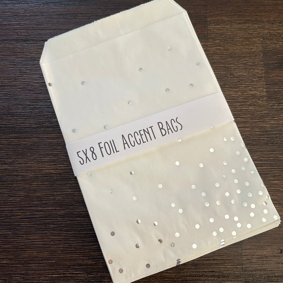 Foil Accent Bags - Confetti Dots - Silver - 5"x8" White Merchandise Bags