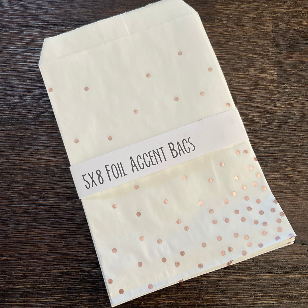 Foil Accent Bags - Confetti Dots - Rose Gold - 5"x8" White Merchandise Bags