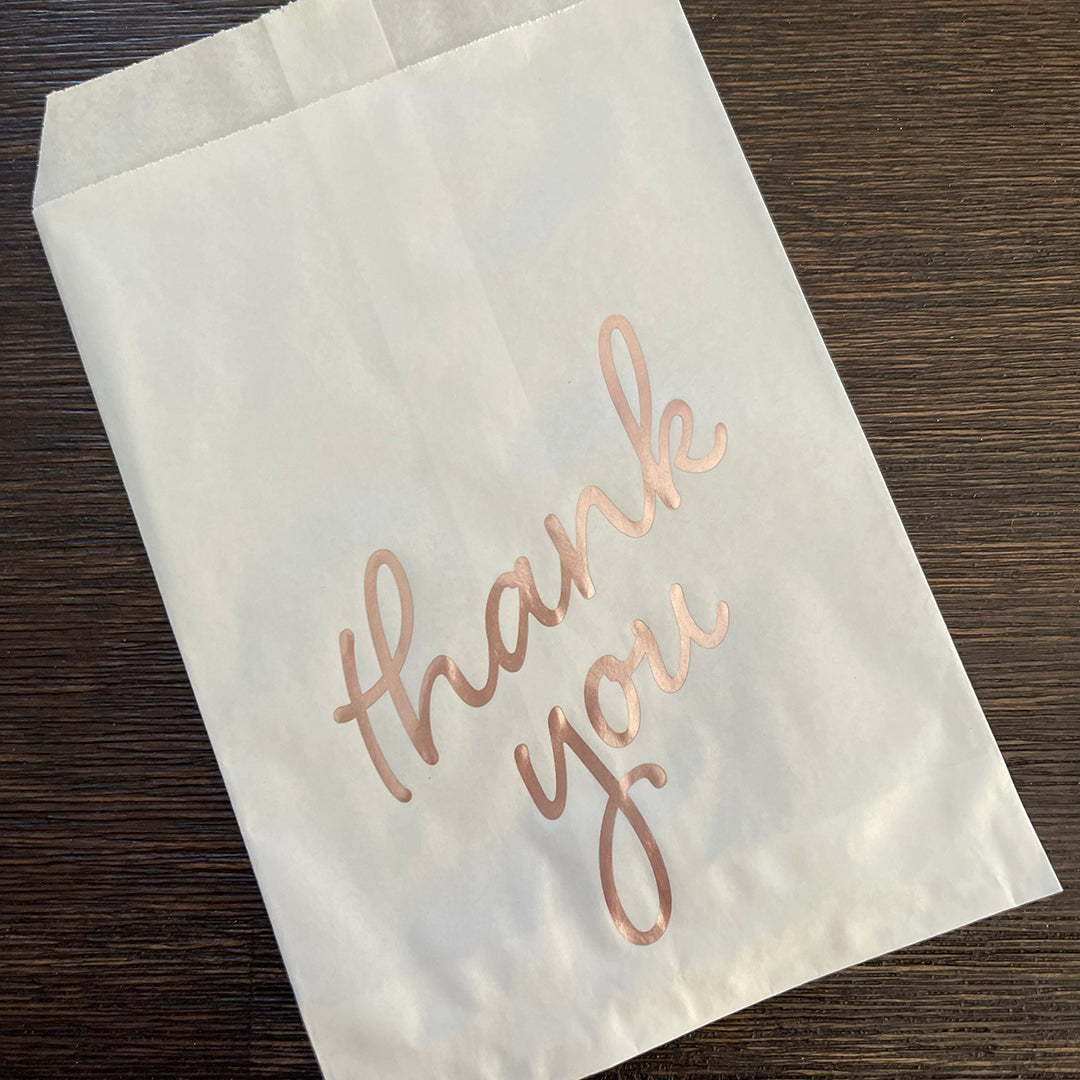 Foil Accent Bags - Thank You - Rose Gold - 5"x8" White Merchandise Bags