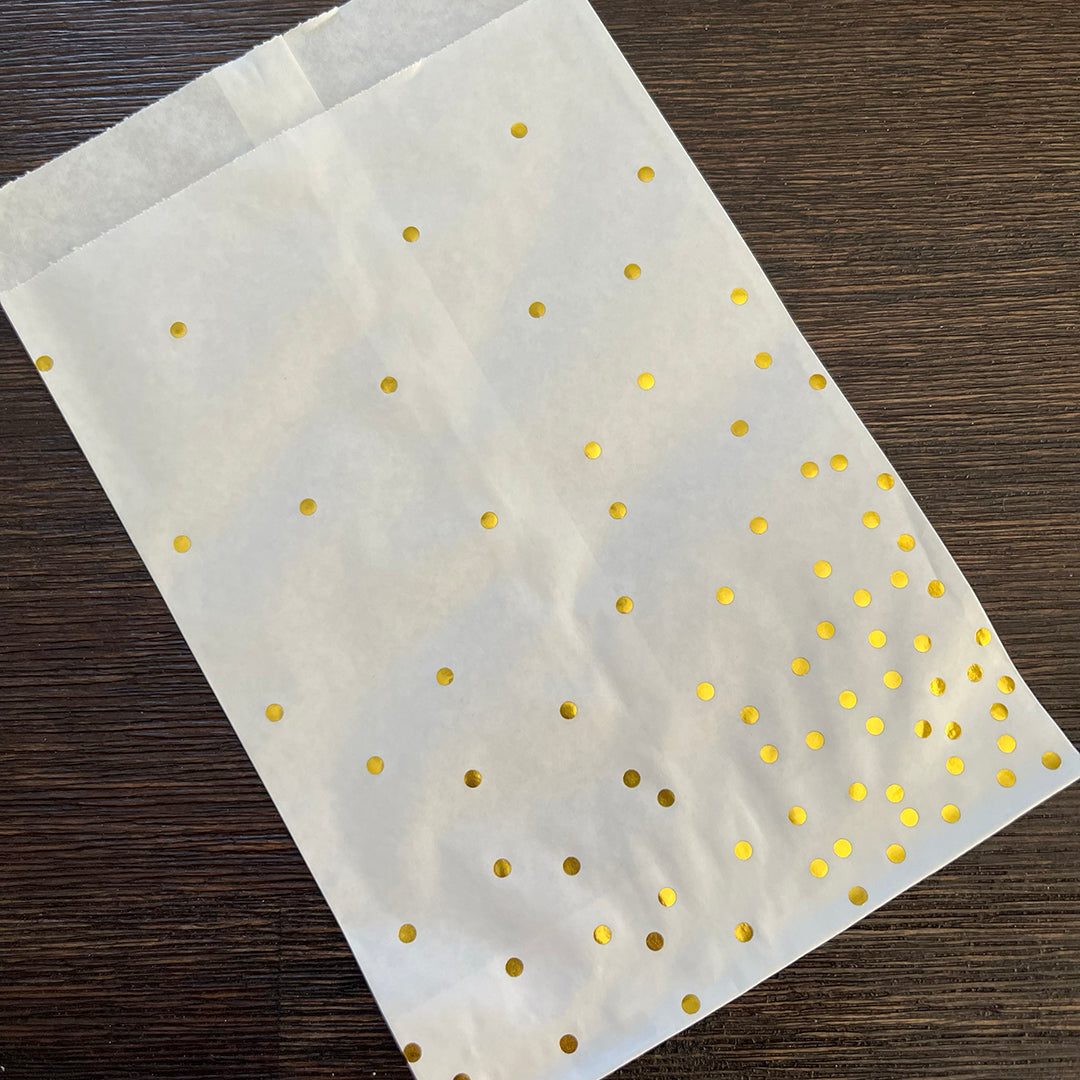 Foil Accent Bags - Confetti Dots - Gold - 5"x8" White Merchandise Bags