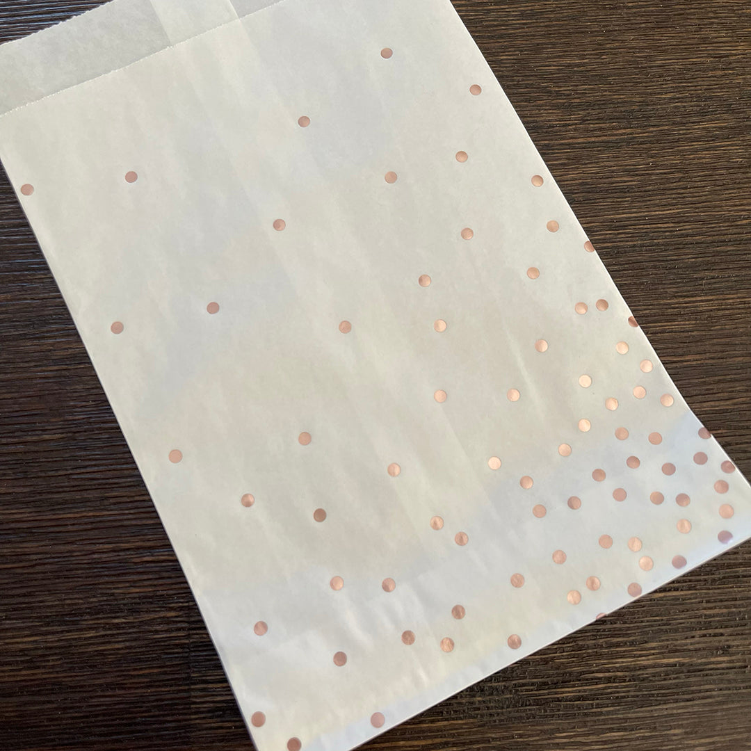 Foil Accent Bags - Confetti Dots - Rose Gold - 5"x8" White Merchandise Bags