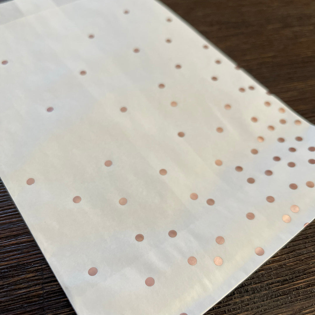 Foil Accent Bags - Confetti Dots - Rose Gold - 5"x8" White Merchandise Bags